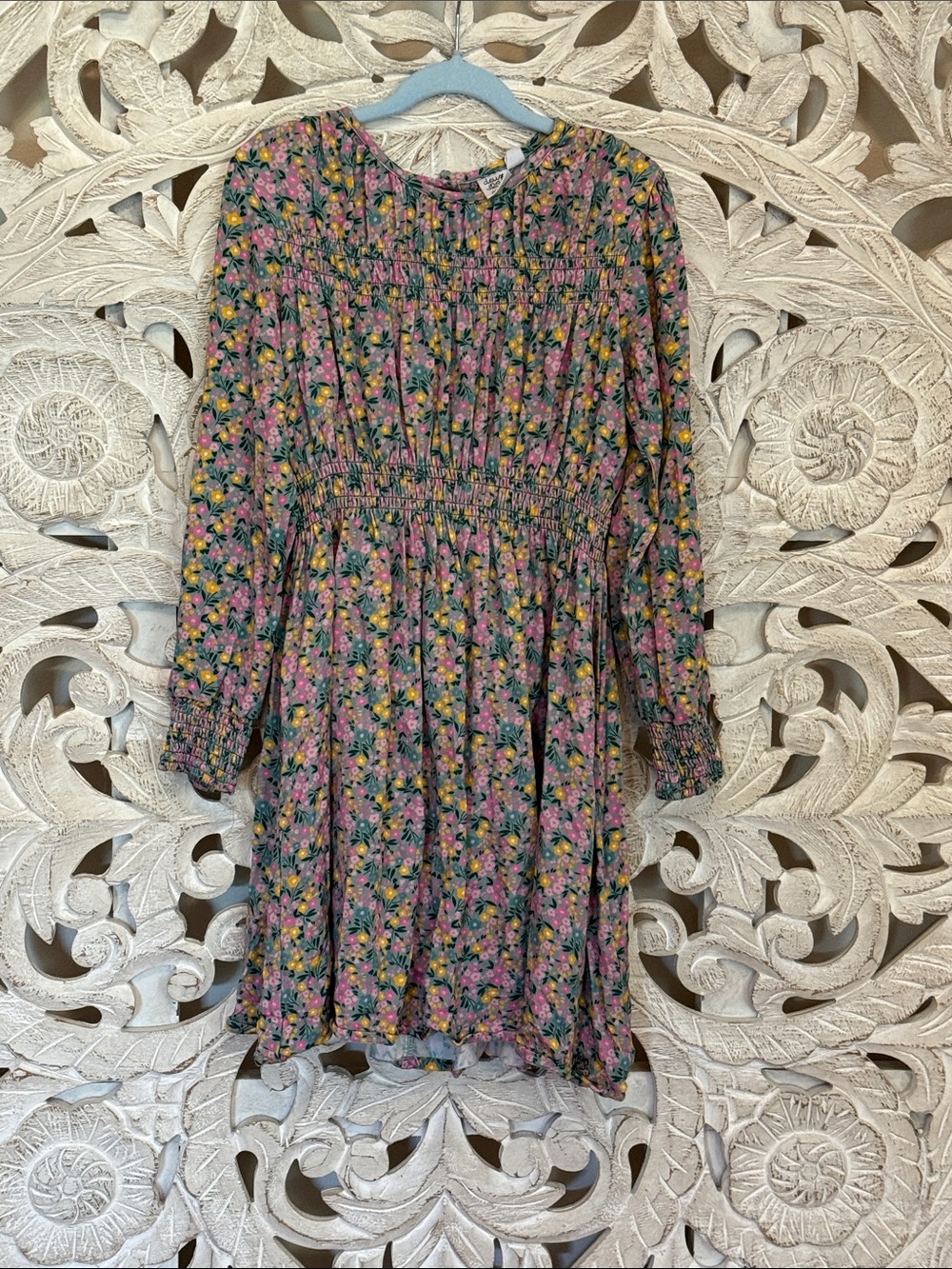 deux par deux Pink Floral Smocked Waist Long-Sleeve Dress